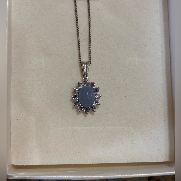 Genuine Ocean Blue Opal & Tanzanite Halo Pendant Necklace 1.62 ct. .925
